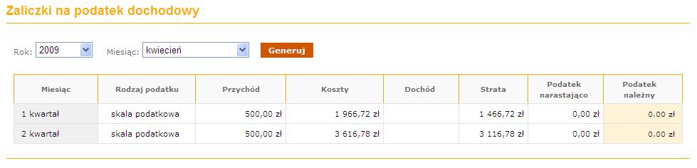 Przykładowy ekran z deklaracjami