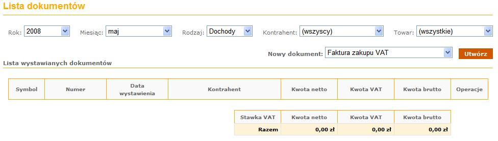 Przykładowy ekran tuż po utworzeniu nowego okresu