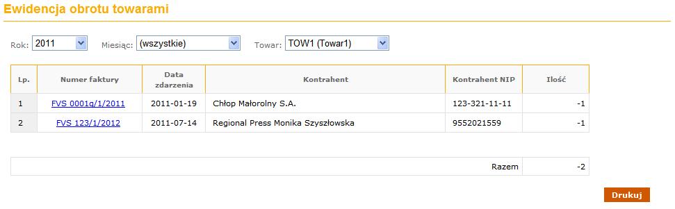 Lista obrotu wybranym towarem w poszczególnych dokumentach