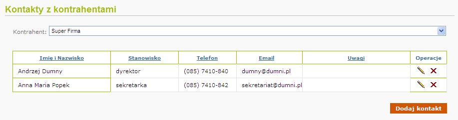 Przykładowy ekran kontaktów kontrahenta