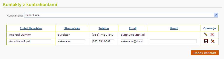 Przykładowy ekran kontaktów kontrahenta podczas edycji