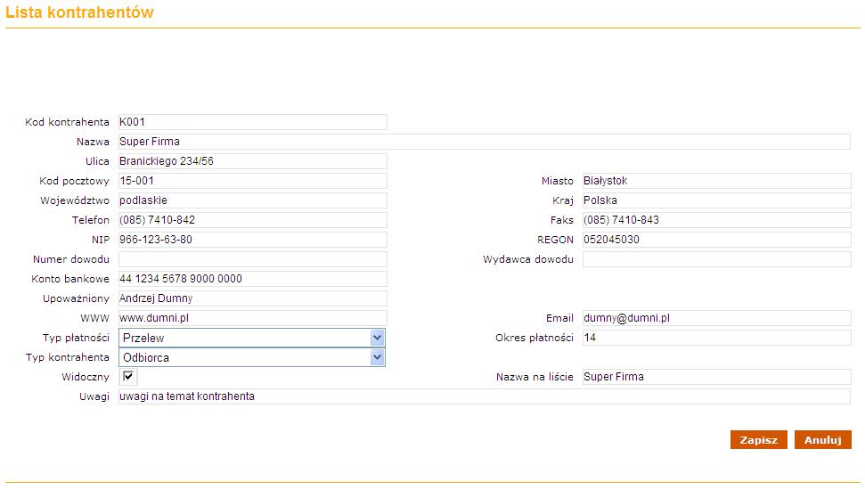 Przykładowy ekran wprowadzania nowego kontrahenta