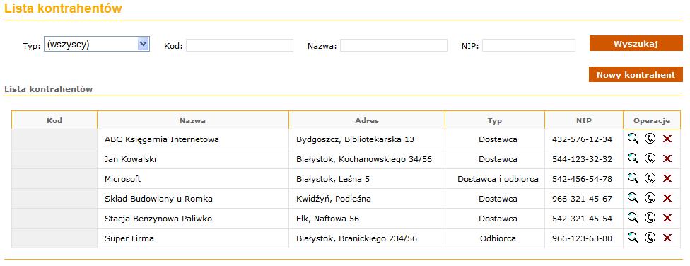 Przykładowy ekran z listą kontrahentów