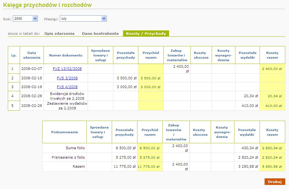 Przykładowy ekran księgi przychodów i rozchodów