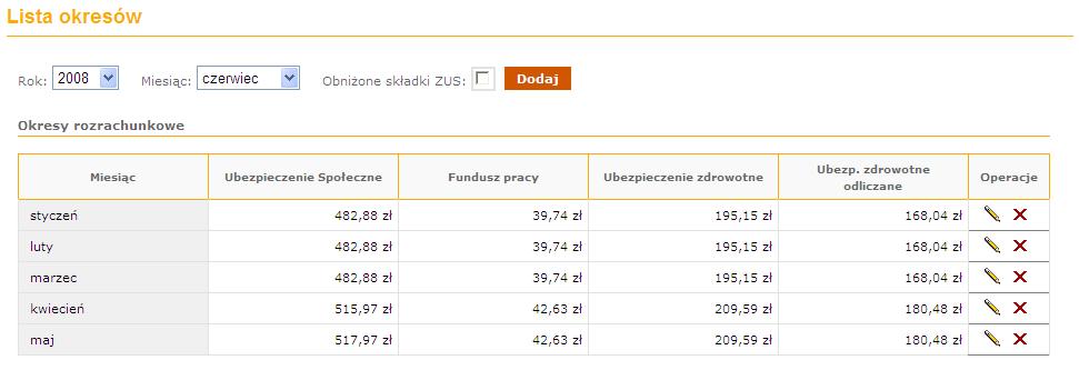 Przykładowy ekran z listą okresów