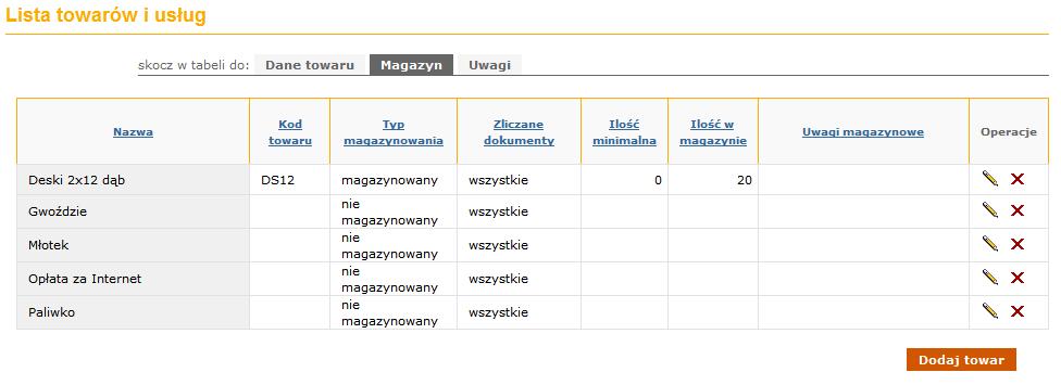 Przykładowy ekran z towarami - magazyn