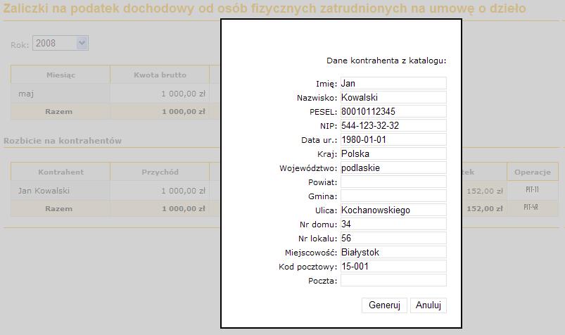 Przykładowy ekran uzupełniania danych kontrahentów podczas generowania deklaracji PIT-11